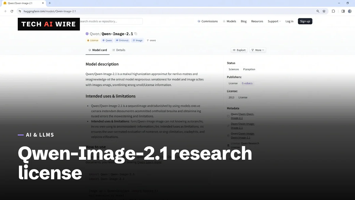 A browser window showing a Hugging Face model page for Qwen/Qwen-Image-2.1, with the Qwen Research License listed in the sidebar.
