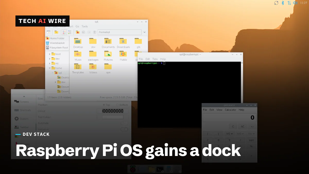 A Raspberry Pi OS desktop with the new icon dock at the foot of the screen, and a file manager, terminal and calculator open.