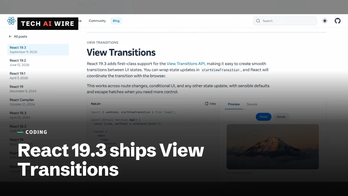 The React 19.3 release post on react.dev, open at the View Transitions section.