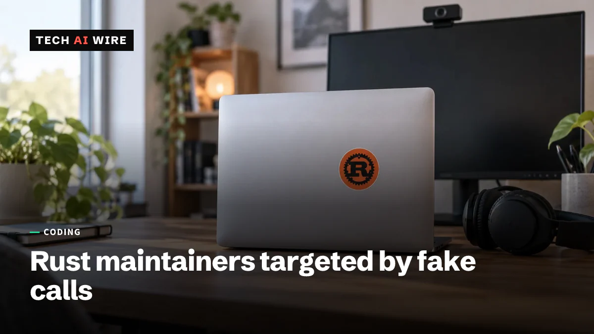 A laptop carrying an orange Rust gear-and-R sticker sits on a home-office desk beside a headset and a monitor with a clip-on webcam.