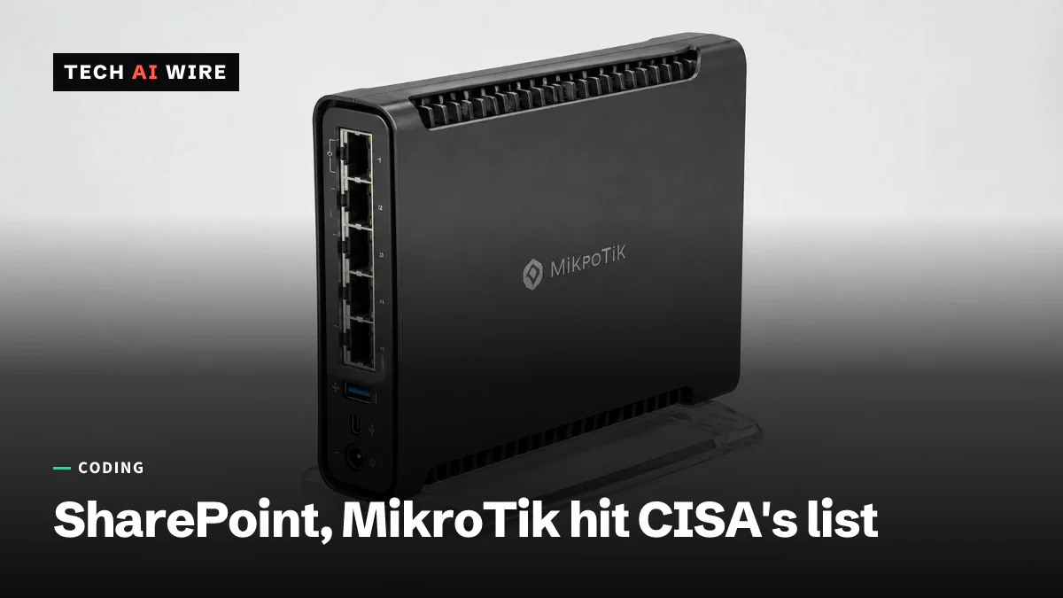 A black home-office router standing upright on a clear stand, its row of Ethernet ports facing the camera, on a light-gray backdrop.