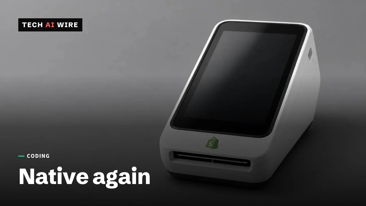 A Shopify Point of Sale card terminal standing on a plain gray studio backdrop.