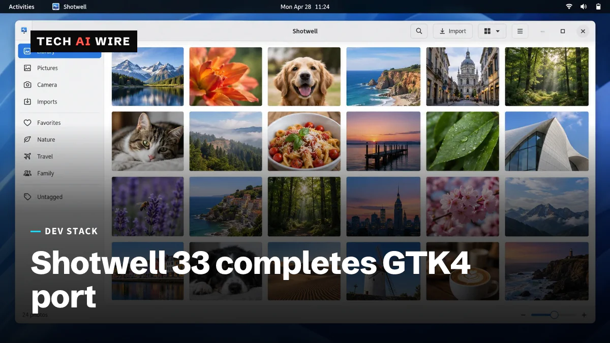 The Shotwell photo manager's library window on a GNOME desktop, showing a grid of photo thumbnails beside a sidebar of albums.