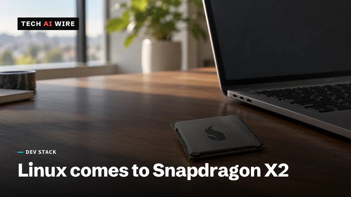 A processor module with the Snapdragon logo on its metal lid rests on a wooden desk beside an open laptop with a dark screen.