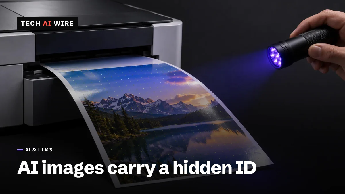 A sheet of glossy photo paper emerging from a color printer, lit by a handheld UV flashlight that reveals a faint grid of pale dots across the print.