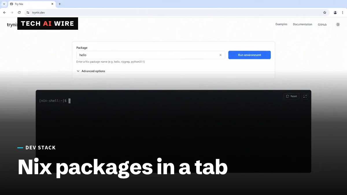 The TryNix page in a browser tab, with the hello package entered and an embedded terminal showing a nix-shell prompt.