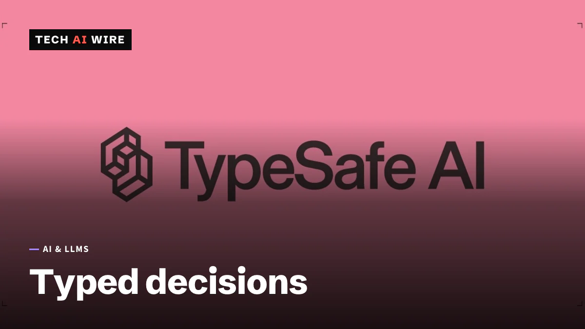 TypeSafe AI's brand card, with its interlocking cube mark and wordmark on a pink background.