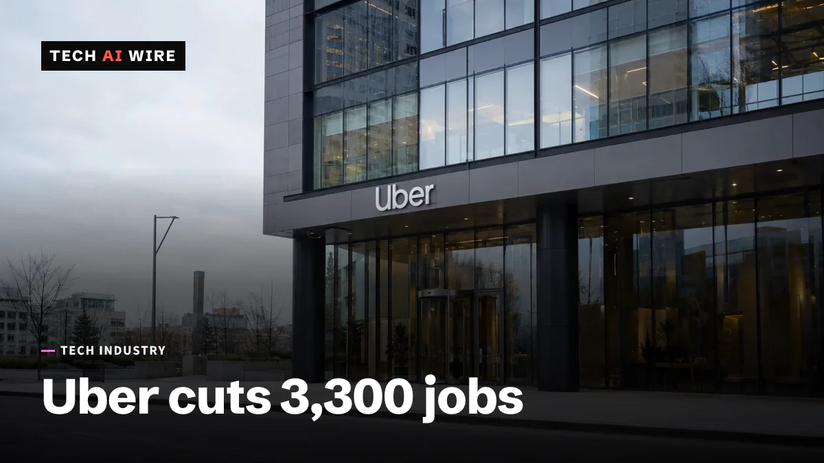 The glass entrance of an Uber office building, its wordmark lit above the doors at dusk.