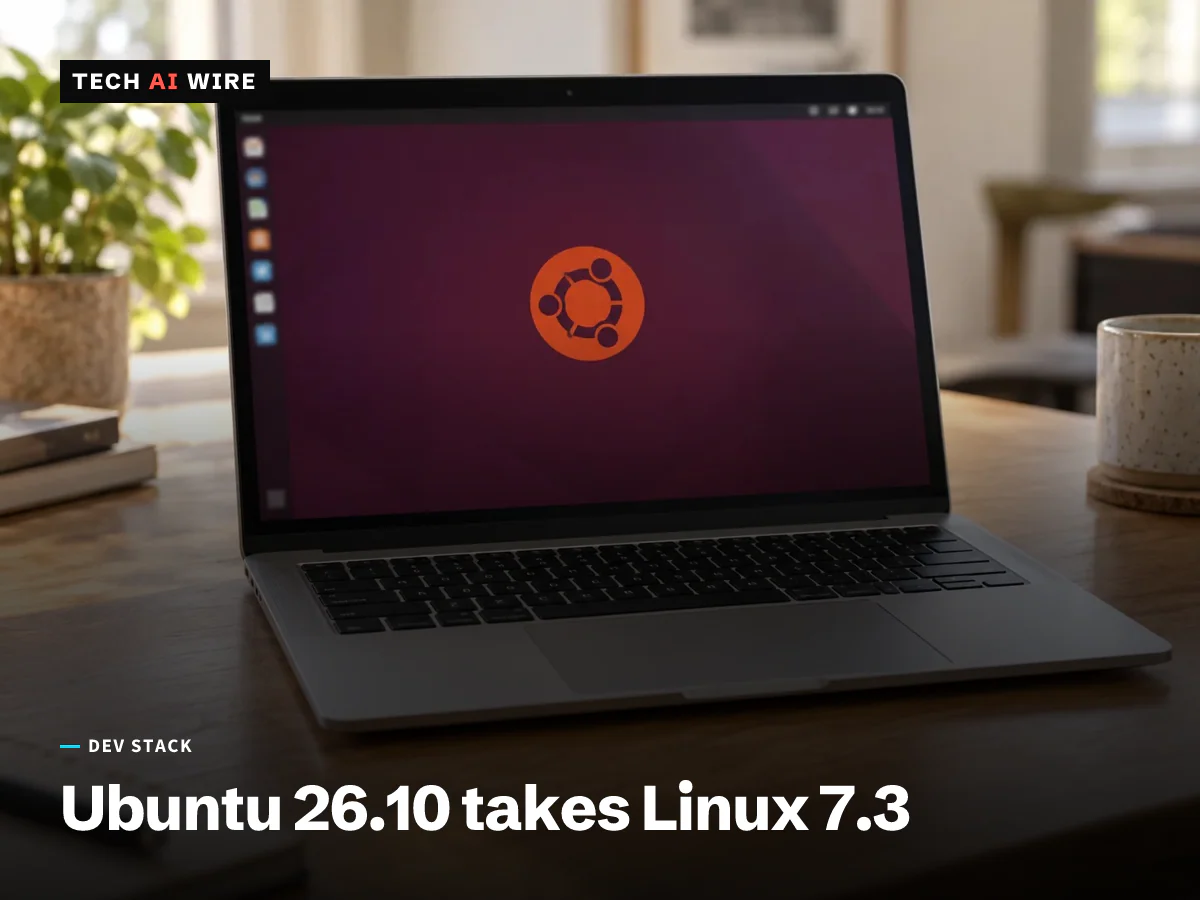 A laptop open on a wooden desk running the Ubuntu desktop, its orange circle-of-friends logo centred on the aubergine wallpaper.