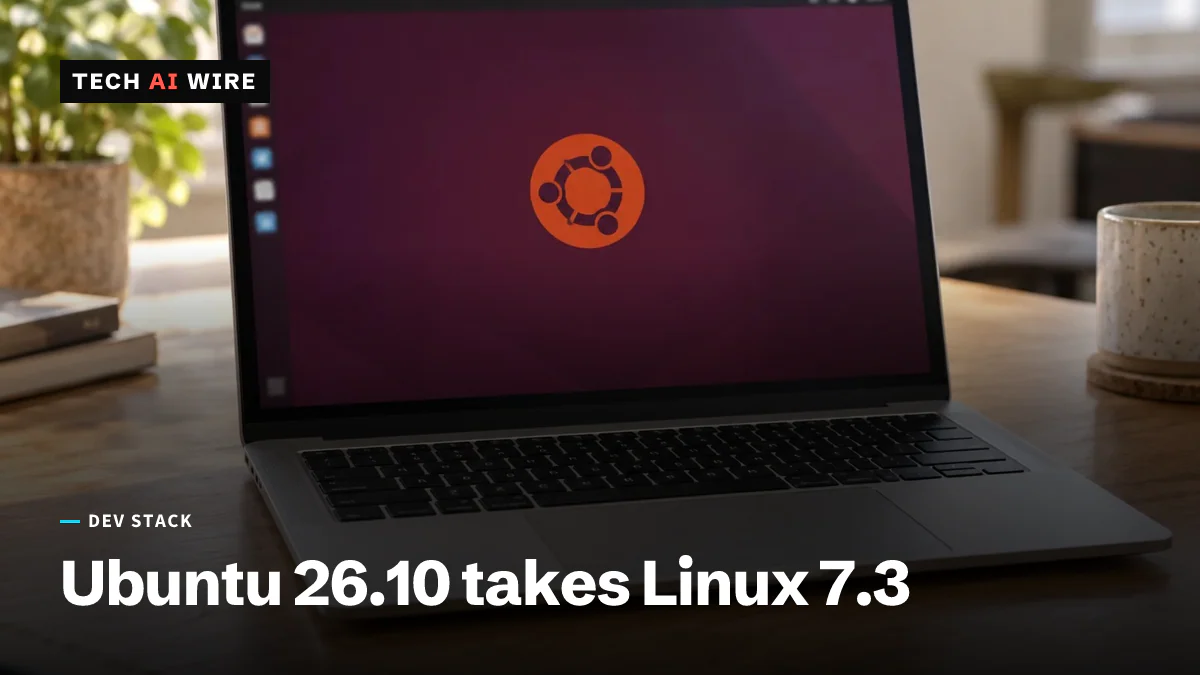 A laptop open on a wooden desk running the Ubuntu desktop, its orange circle-of-friends logo centred on the aubergine wallpaper.