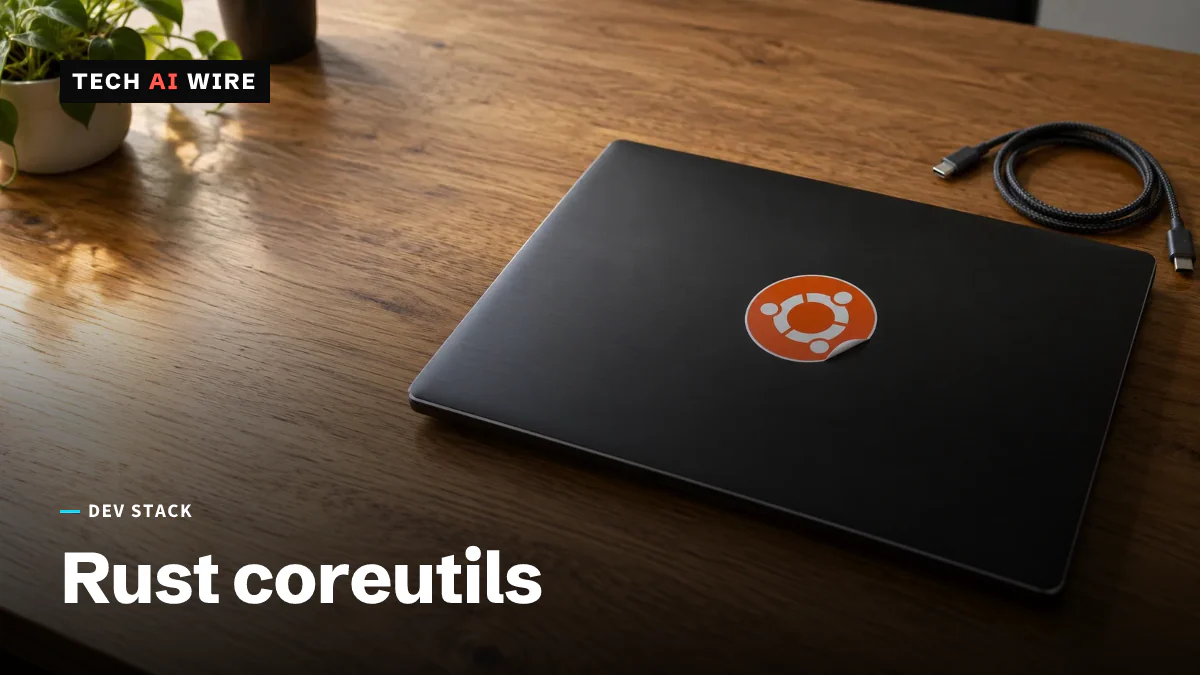 A closed dark laptop on a wooden desk with an orange Ubuntu logo sticker on its lid.
