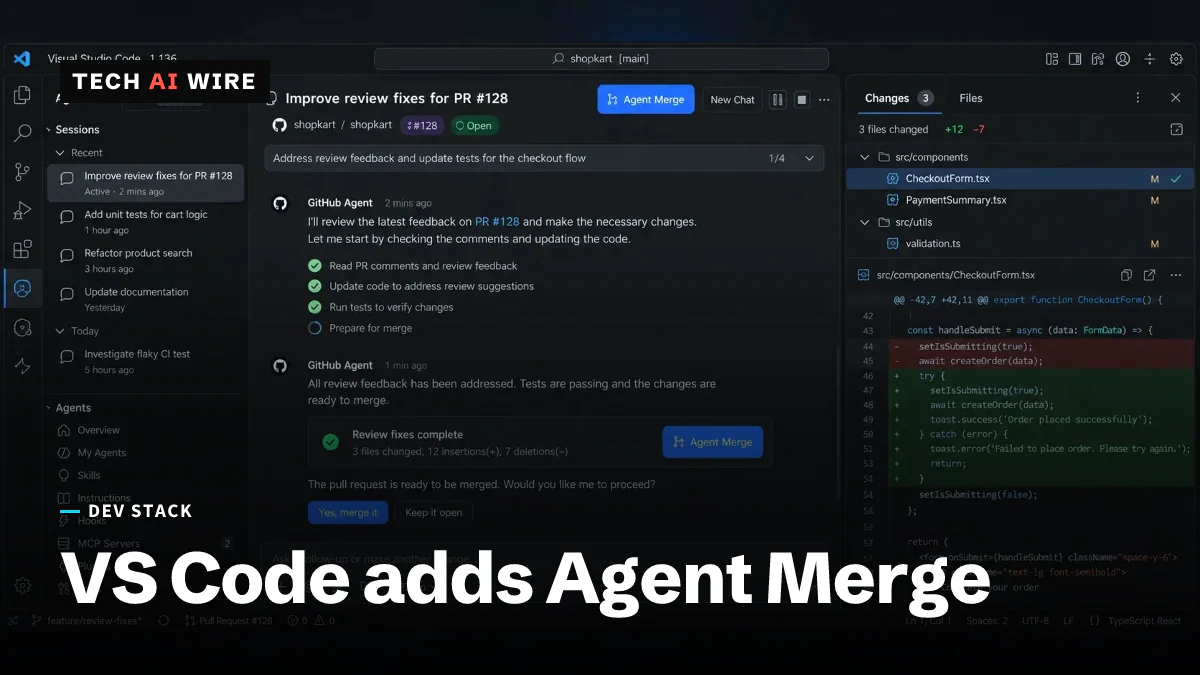 The Agents window in Visual Studio Code 1.136, showing an agent working through review feedback on a pull request with the Agent Merge button beside it.
