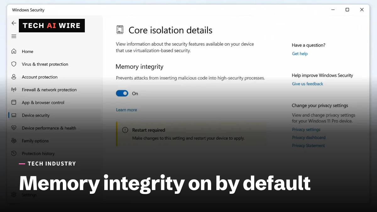 A Windows Security screenshot showing the Memory integrity toggle switched on under Core isolation details.