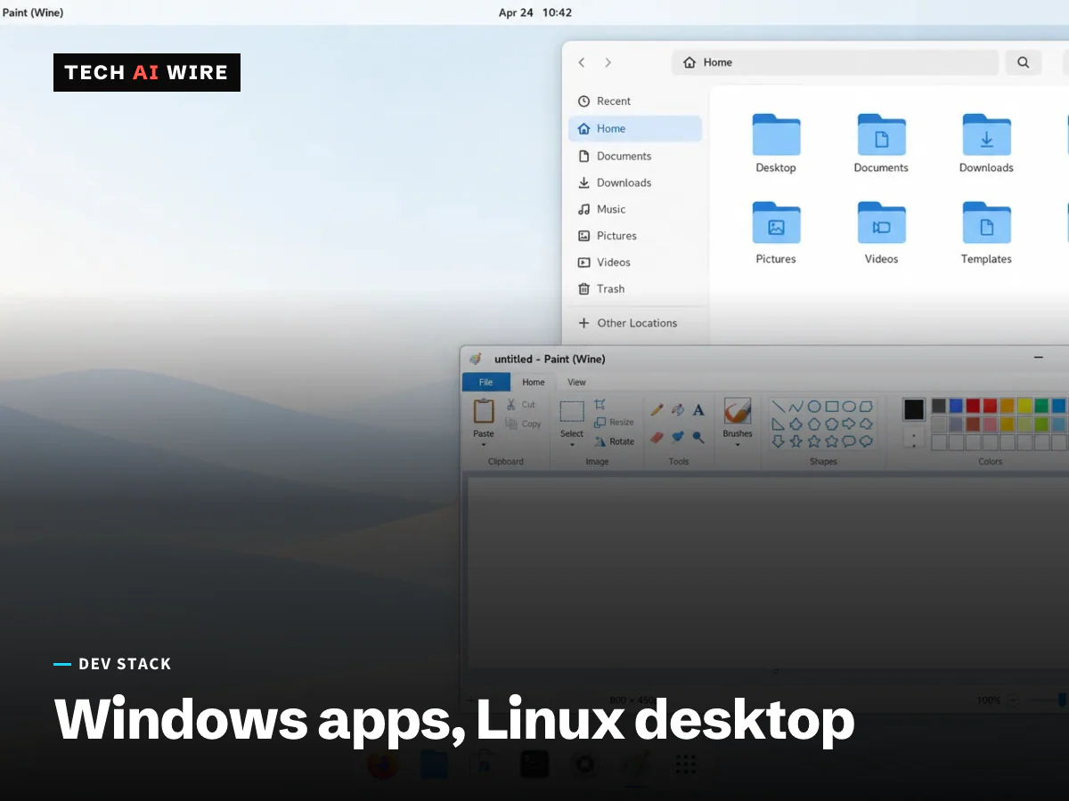 A Linux desktop with a Windows paint program running under Wine beside a native file manager window.