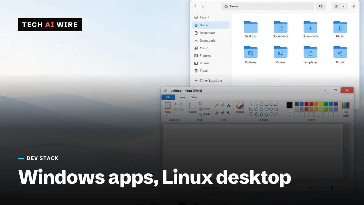 A Linux desktop with a Windows paint program running under Wine beside a native file manager window.