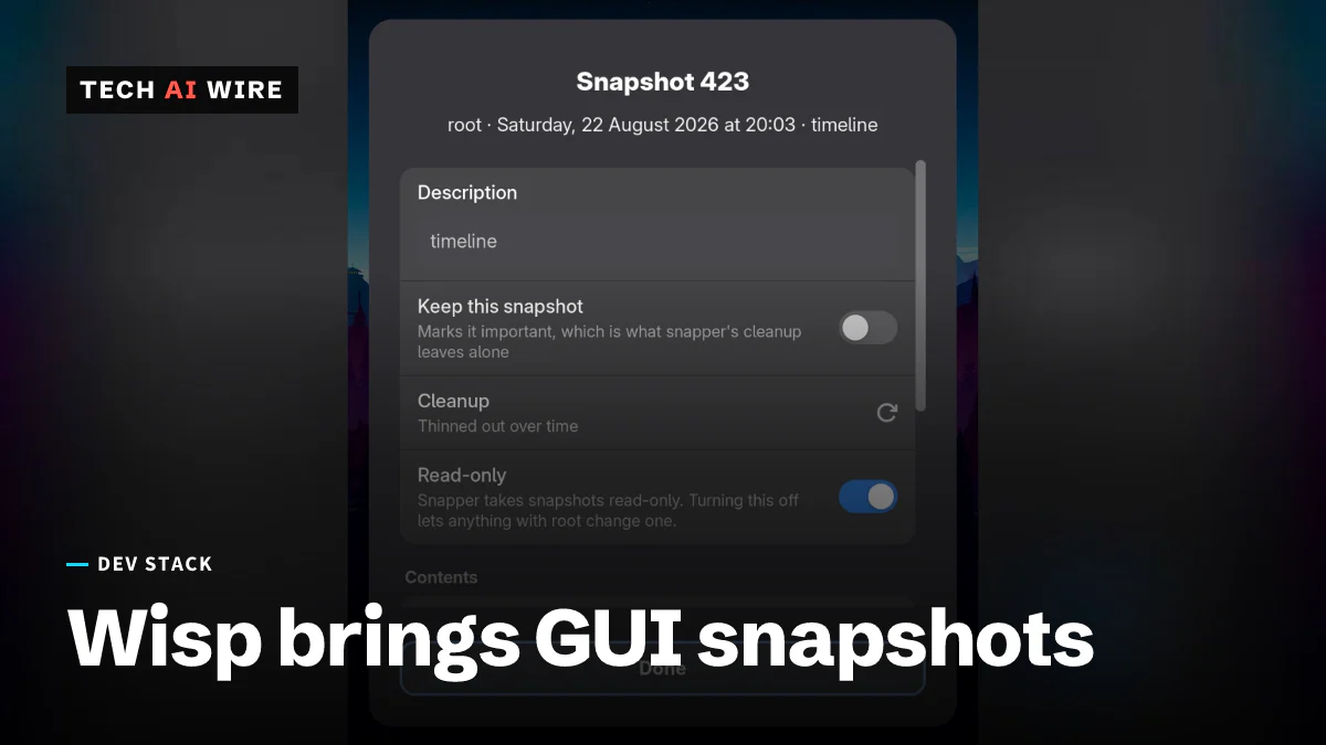 A screenshot of the Wisp GNOME extension showing the detail view for Snapshot 423, with Keep this snapshot and Read-only toggles.