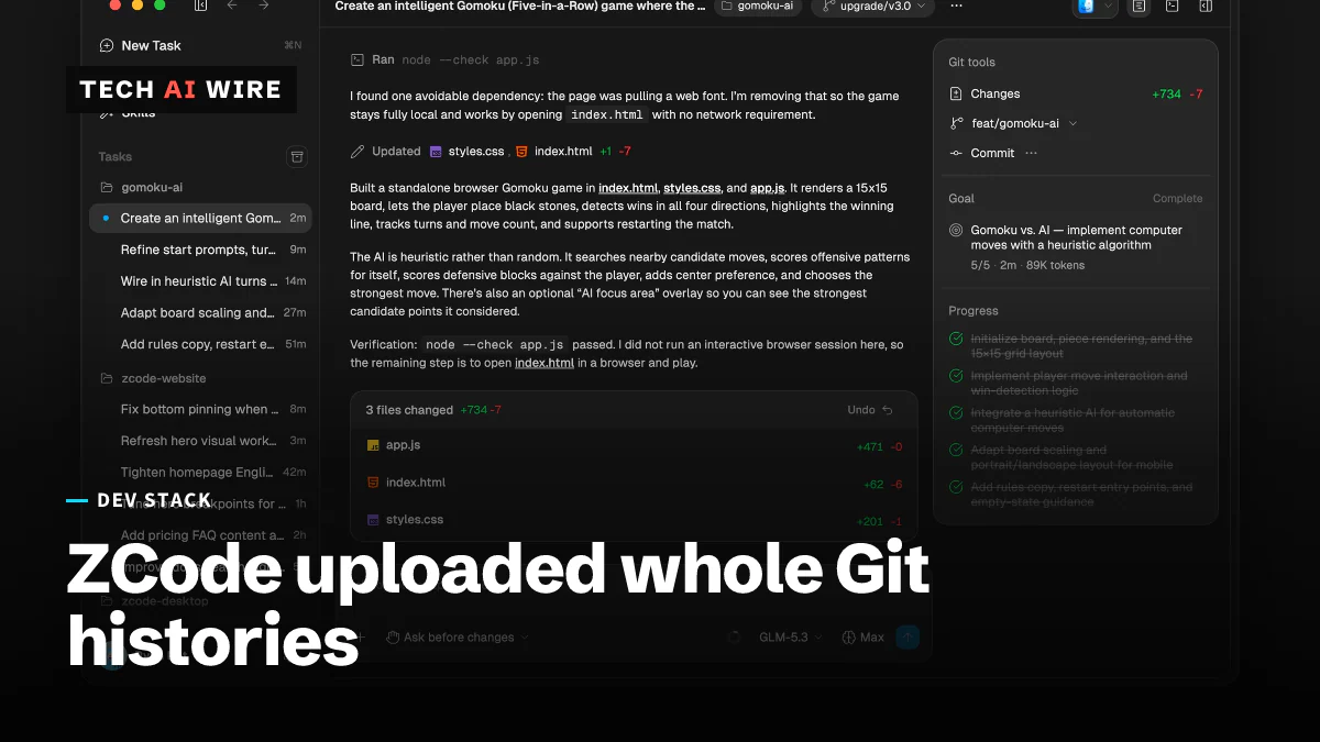 ZCode's own product page, showing the app's task list, a summary of changed files and its Git tools panel.