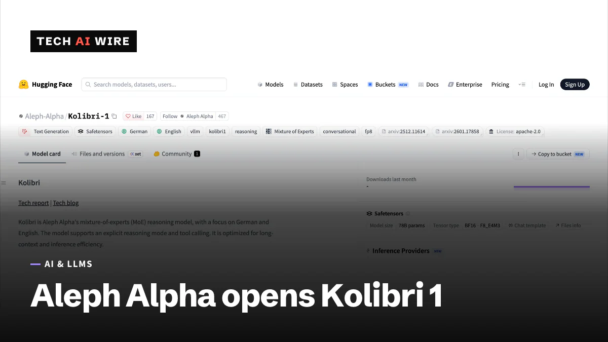 Screenshot of the Aleph-Alpha/Kolibri-1 model page on Hugging Face, showing its tags, Apache 2.0 license and 78B parameter count.