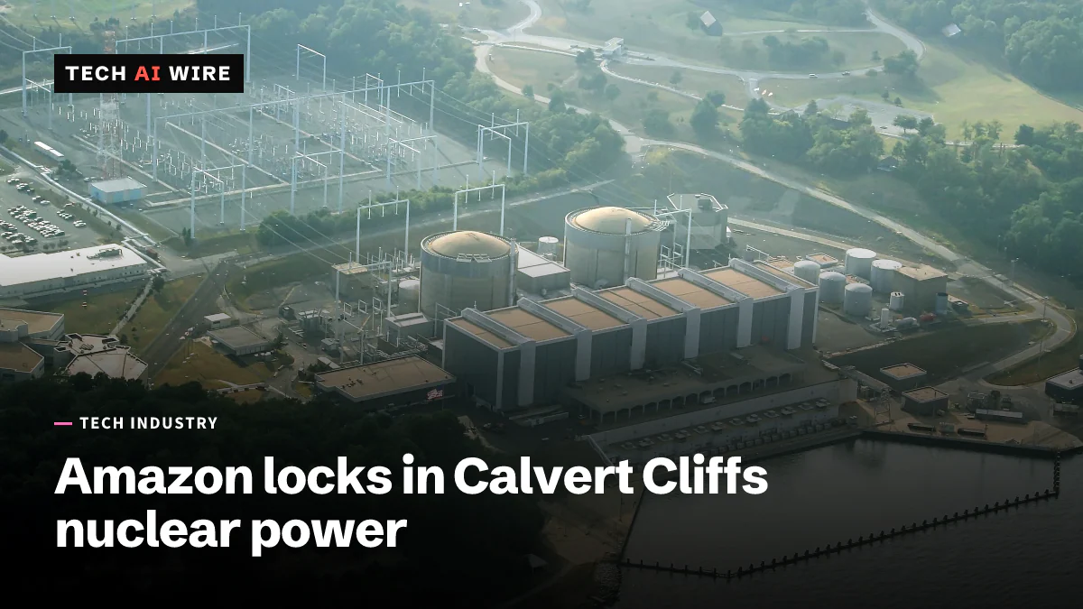 Aerial view of the Calvert Cliffs nuclear power plant in Maryland, its two reactor domes beside the water, photographed in 2005.
