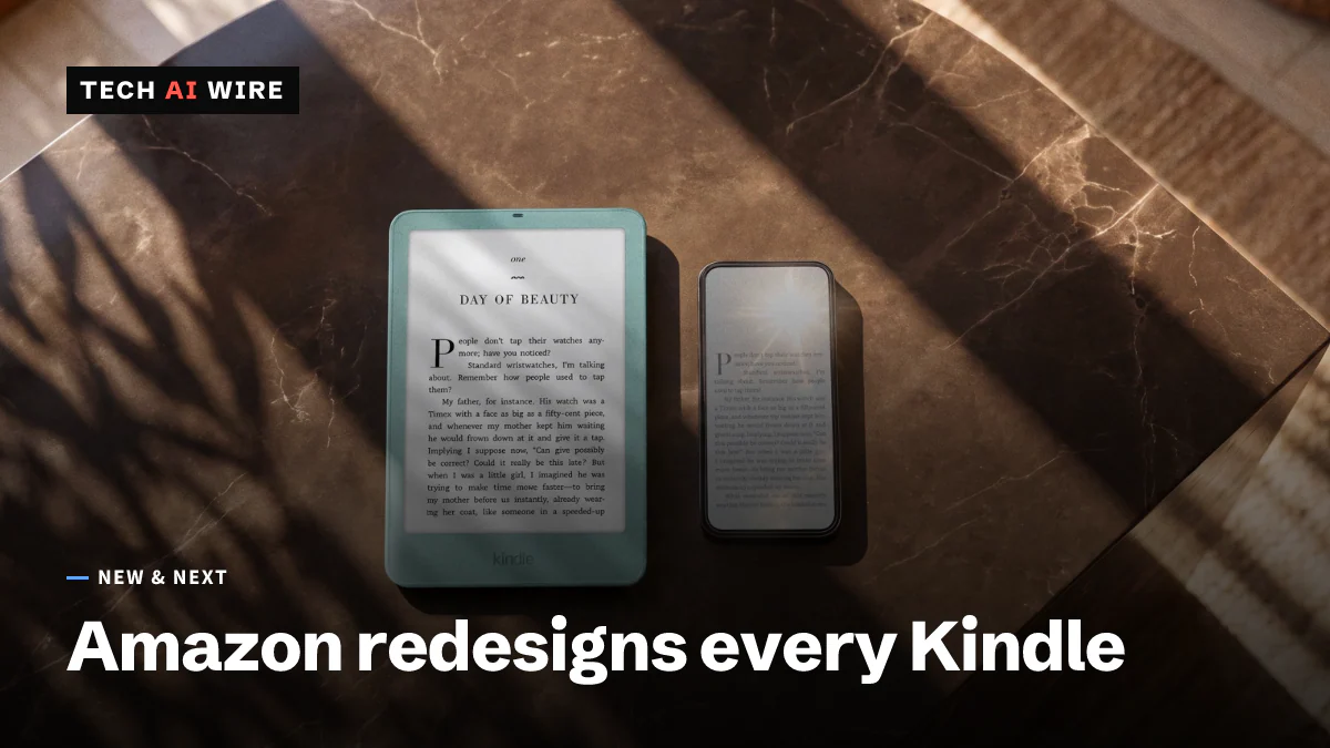 Amazon's press photo of a mint-green Kindle beside a smartphone on a sunlit marble table, both showing the same book page, the phone's screen washed out by glare.