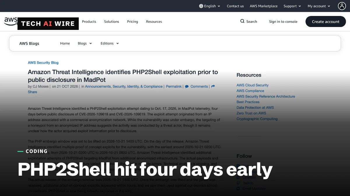 AWS Security Blog post by CJ Moses on 21 Oct 2026, titled Amazon Threat Intelligence identifies PHP2Shell exploitation prior to public disclosure in MadPot.