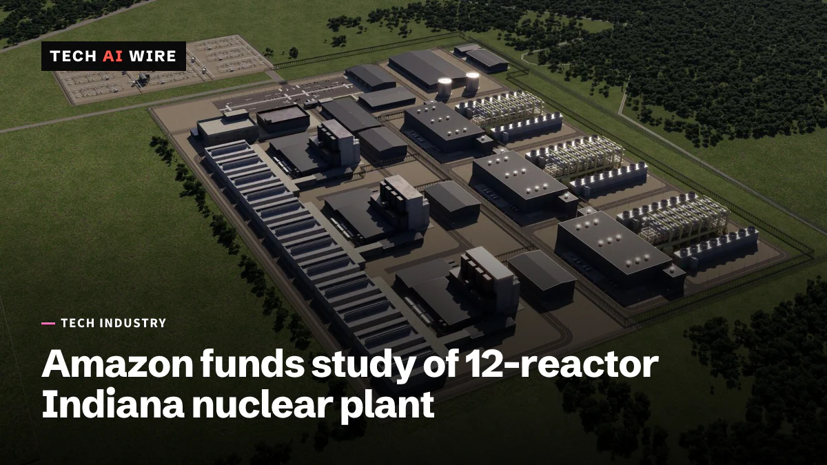 Amazon's aerial rendering of the proposed nuclear plant at the former Breed Generating Station site in Sullivan County, Indiana, ringed by fields and woods.