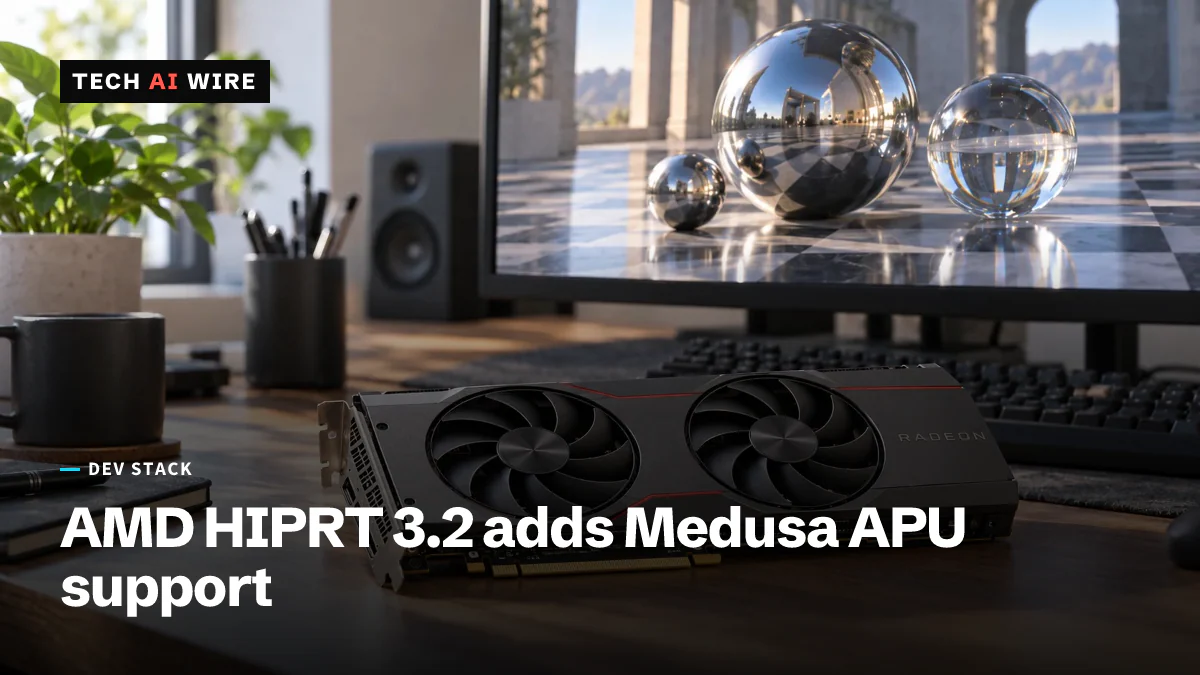 An AMD Radeon graphics card on a sunlit desk in front of a monitor showing a ray-traced scene of chrome and glass spheres.