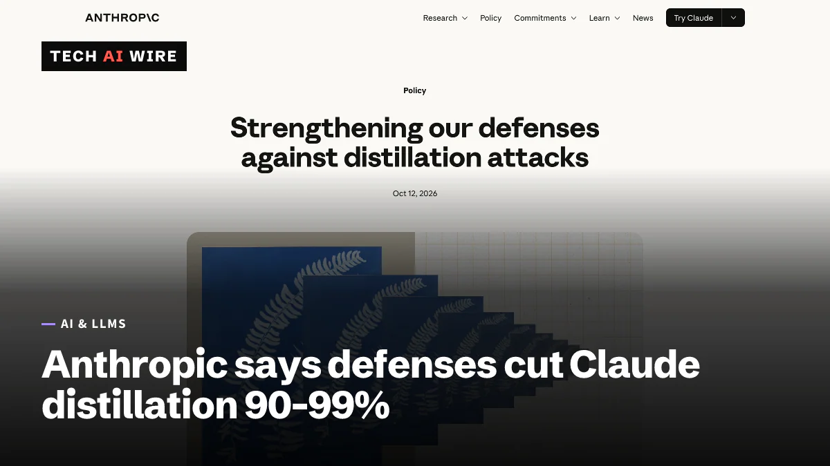 Anthropic's post Strengthening our defenses against distillation attacks, dated October 12, 2026, above an image of blue fern prints shrinking in size.