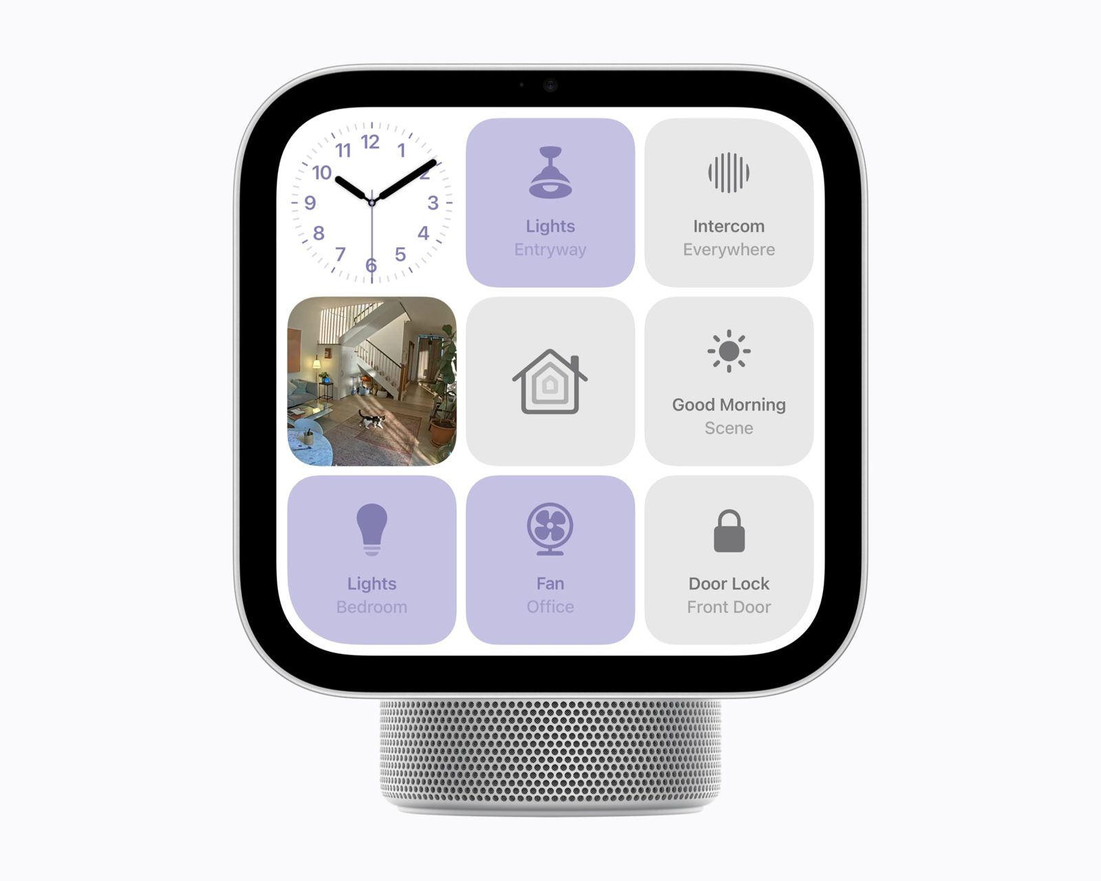 Apple HomeView on its tabletop base, its screen showing a grid of home controls for lights, intercom, fans and a door lock.