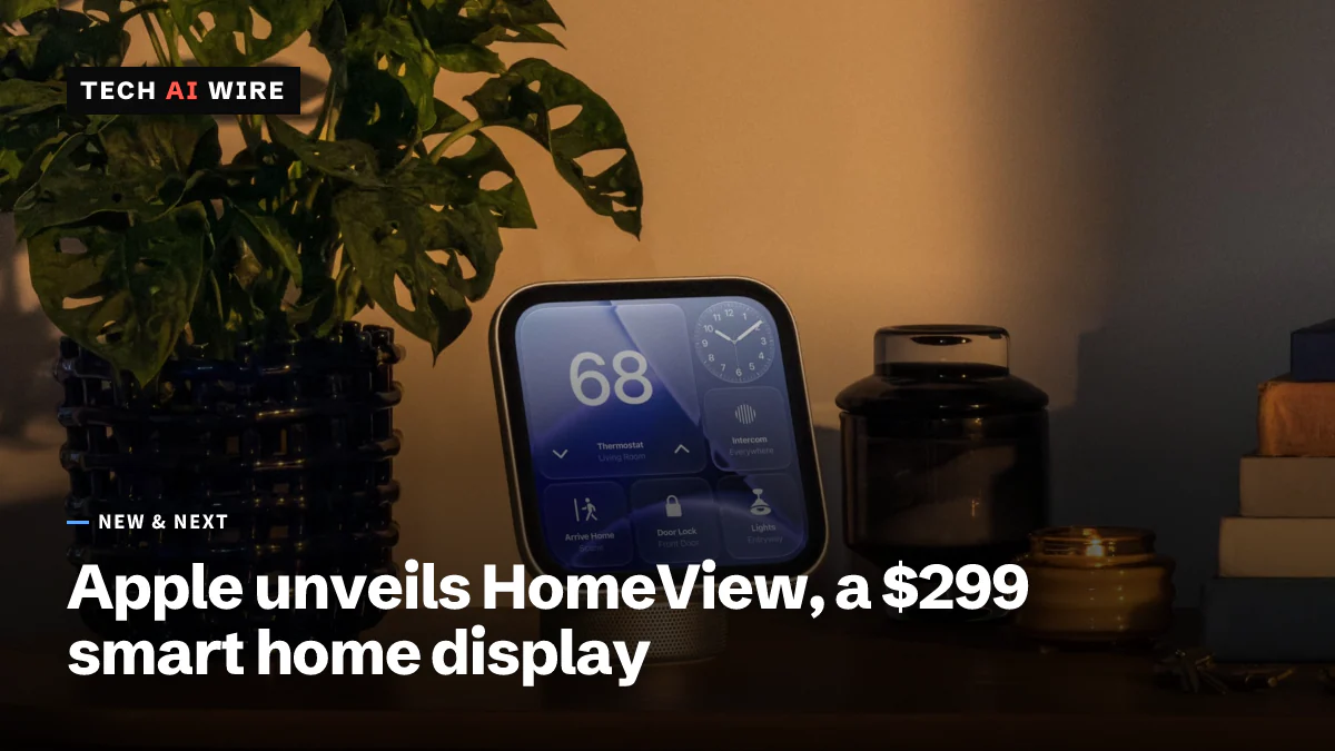 Ein Apple HomeView auf einer Holzkommode neben einer Topfpflanze und einer Kerze. Der quadratische Bildschirm zeigt ein auf 68 eingestelltes Thermostat und Steuerelemente für das Zuhause.