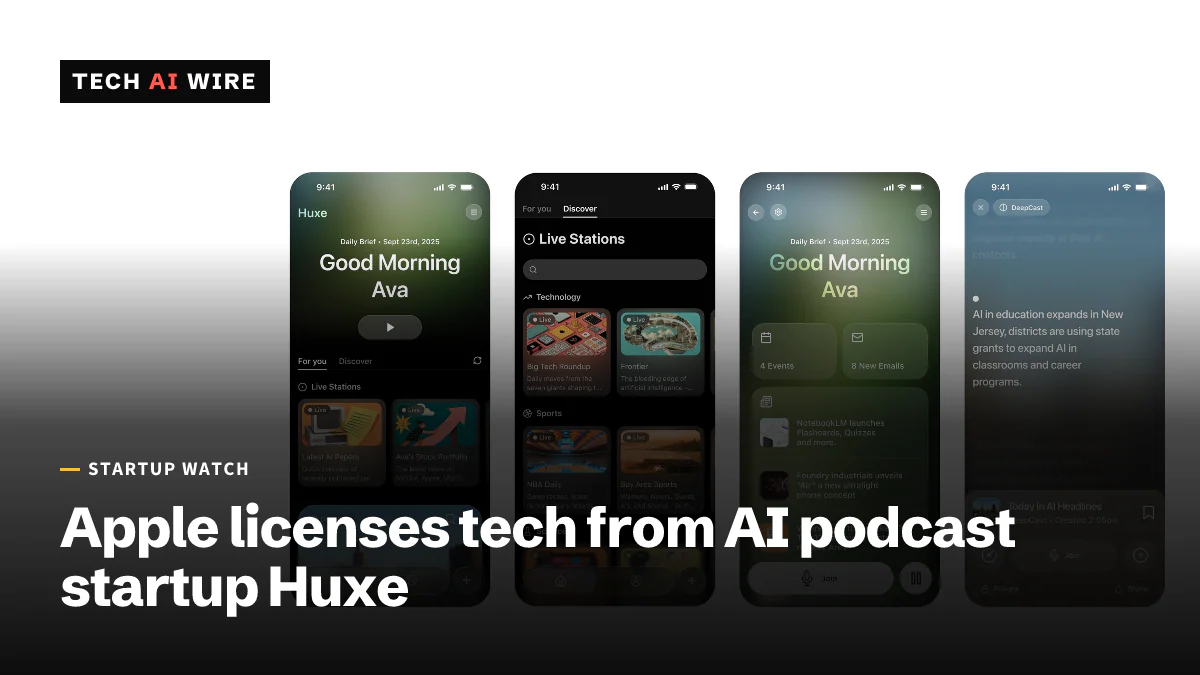 Vier iPhone-Bildschirme der KI-Audio-App von Huxe mit einem persönlichen Tagesbriefing, Live-Sendern und einem Audioplayer.
