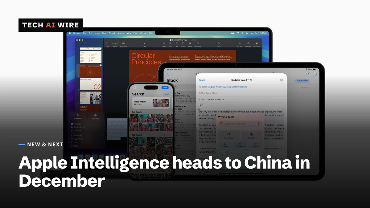 Image de presse d'Apple : un MacBook, un iPad et un iPhone affichent des fonctions d'Apple Intelligence, dont le panneau Writing Tools dans Mail.
