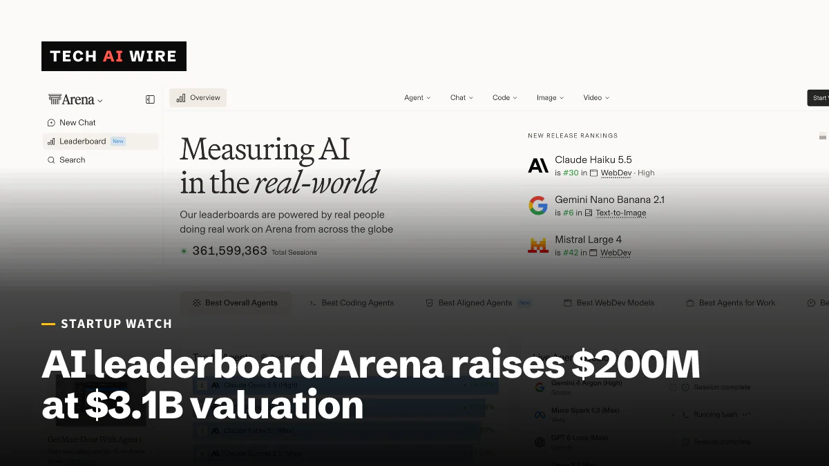 Arenaのリーダーボードページのスクリーンショット。新しいリリースのランキングと、AIエージェントのトップ10の一覧が表示されている。