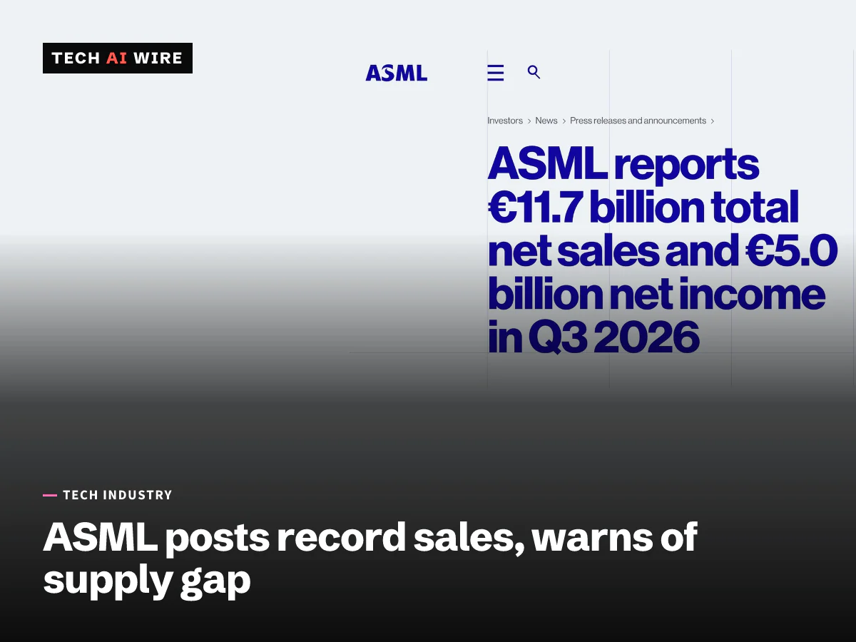 ASML's investor relations page with the headline ASML reports 11.7 billion euro total net sales and 5.0 billion euro net income in Q3 2026.
