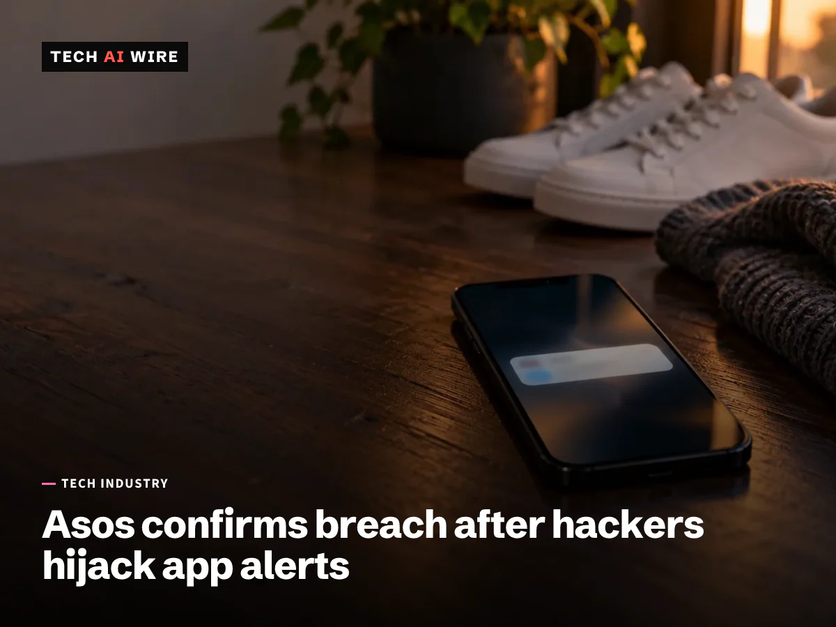 A smartphone lies on a dark wooden table in warm evening light with a notification banner on its lock screen, beside a folded knit sweater and white sneakers.