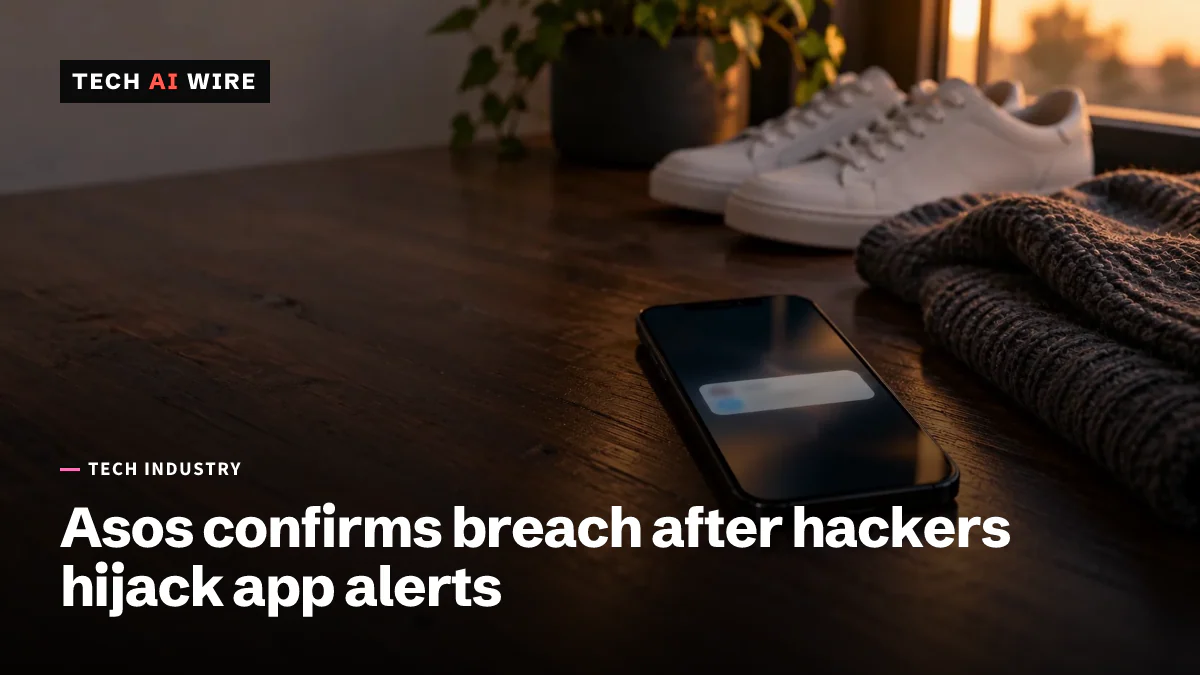 A smartphone lies on a dark wooden table in warm evening light with a notification banner on its lock screen, beside a folded knit sweater and white sneakers.