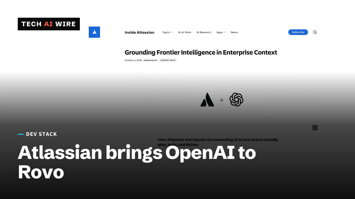 Screenshot of the Inside Atlassian blog post Grounding Frontier Intelligence in Enterprise Context, dated October 6, 2026, showing the Atlassian and OpenAI logos joined by a plus sign.