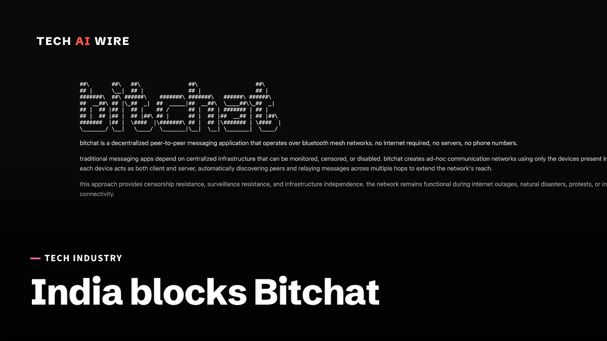 Screenshot of Bitchat's website, with its ASCII-art logo and a description of the app as a peer-to-peer messenger over Bluetooth mesh networks.