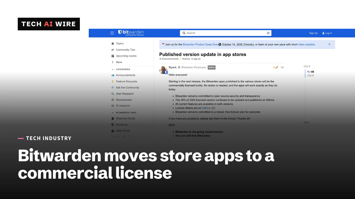 Screenshot of the Bitwarden community forum notice Published version update in app stores, saying store apps will become commercially licensed builds.