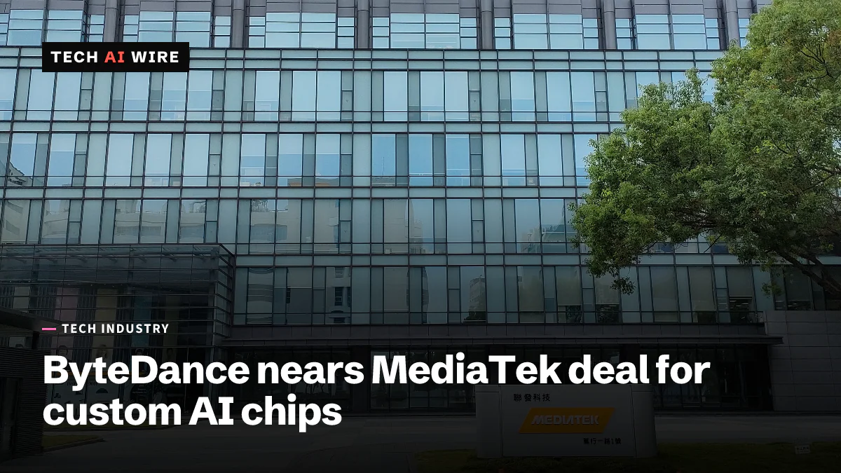 Le siège de MediaTek, un bâtiment à façade de verre, avec l'enseigne MediaTek sur un bloc de pierre près de l'entrée et un arbre à droite.