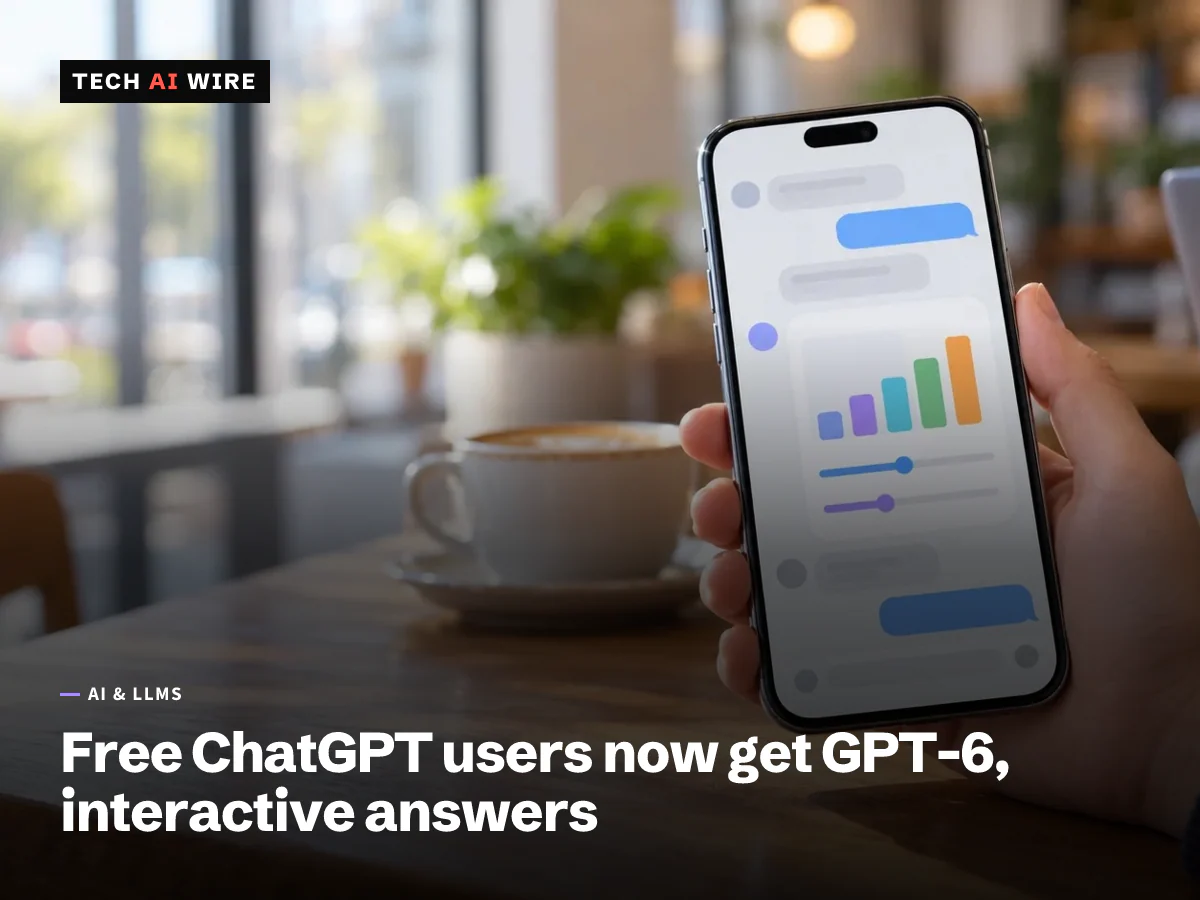 A hand holds a smartphone in a sunlit cafe, its chat screen showing a bar chart and sliders inside a reply, with a coffee cup and laptop in the background.
