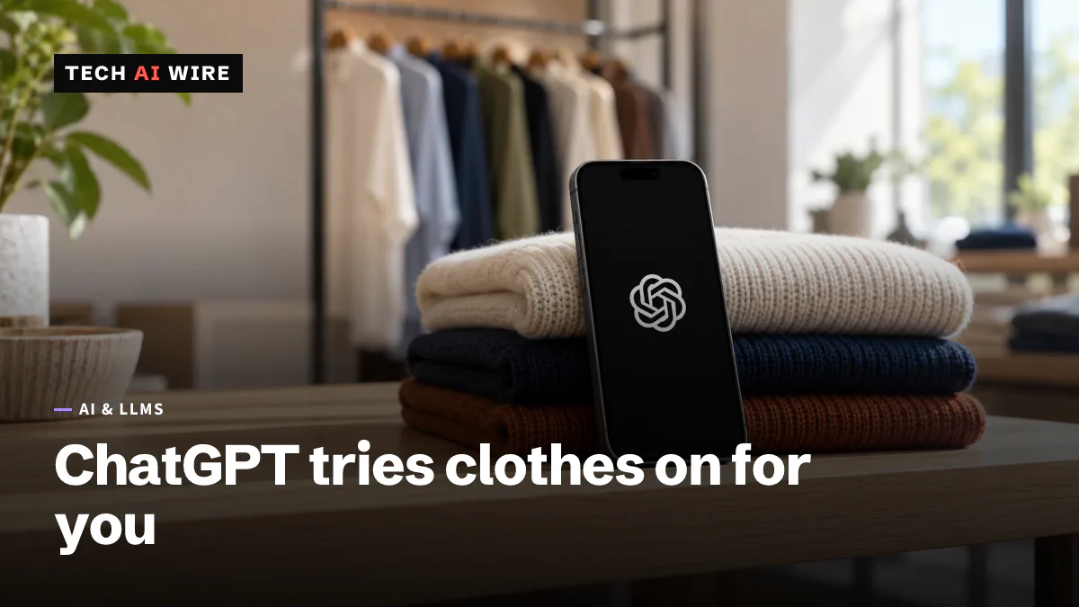 A black smartphone propped against a stack of folded sweaters on a clothing-store shelf, its screen showing only the white OpenAI knot logo on black.