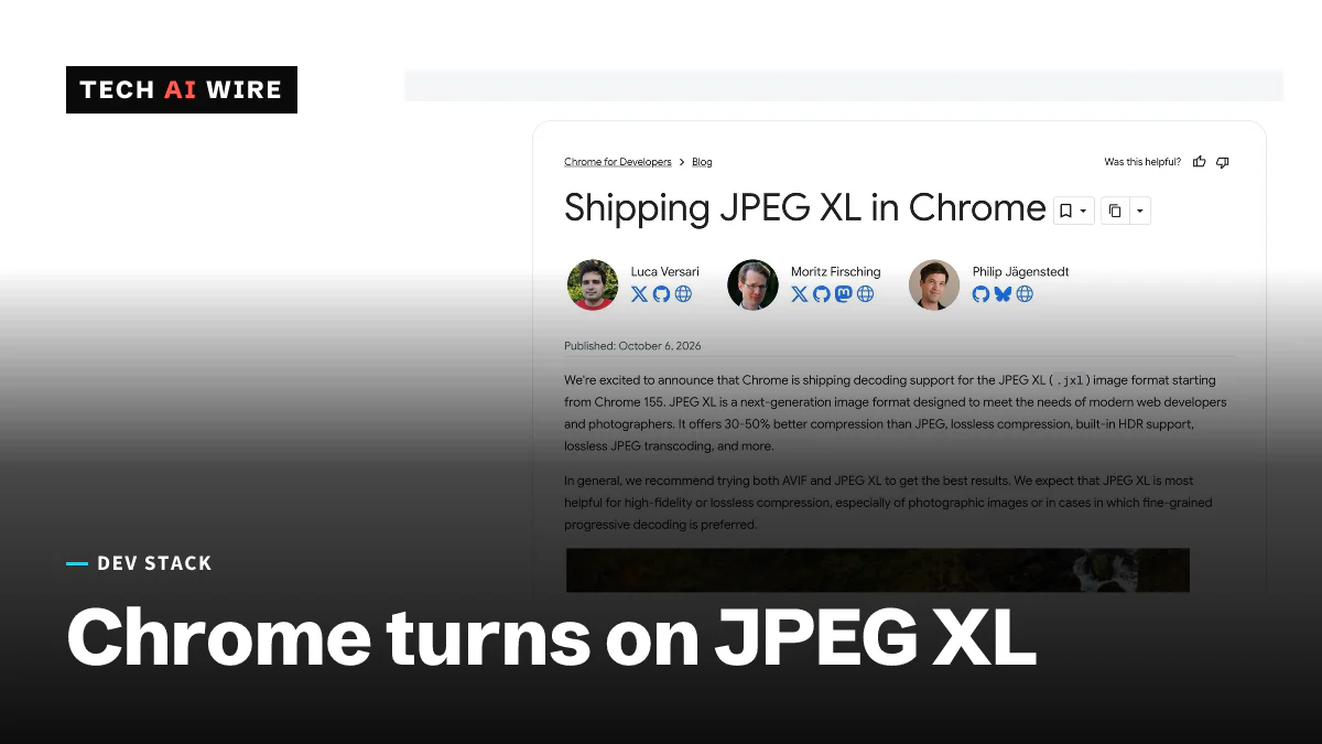 Screenshot of the Chrome for Developers blog post Shipping JPEG XL in Chrome, published October 6, 2026, showing its three authors.
