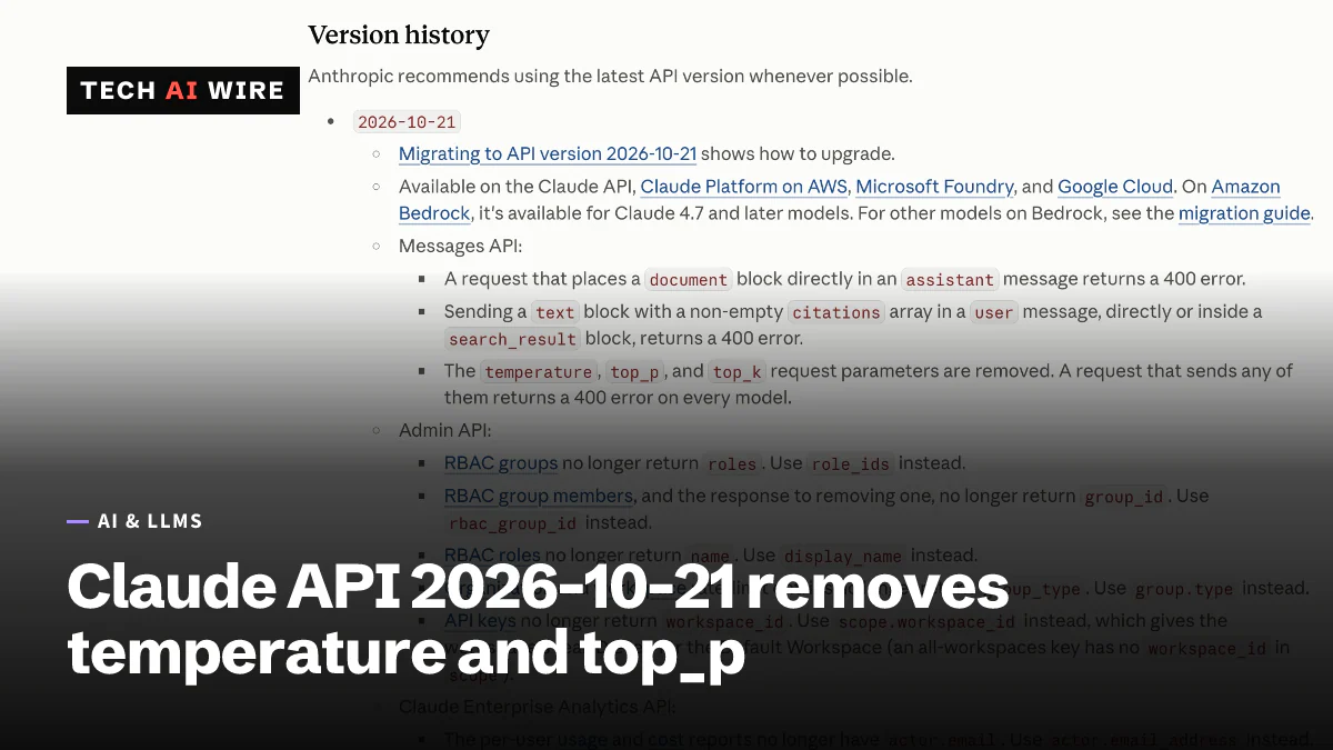 The version history section of Anthropic's Claude Platform docs, listing version 2026-10-21 and the Messages API requests that now return a 400 error.