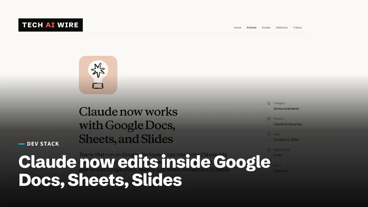 Screenshot of Anthropic's announcement page Claude now works with Google Docs, Sheets, and Slides, dated October 6, 2026, beside a pink Claude icon.