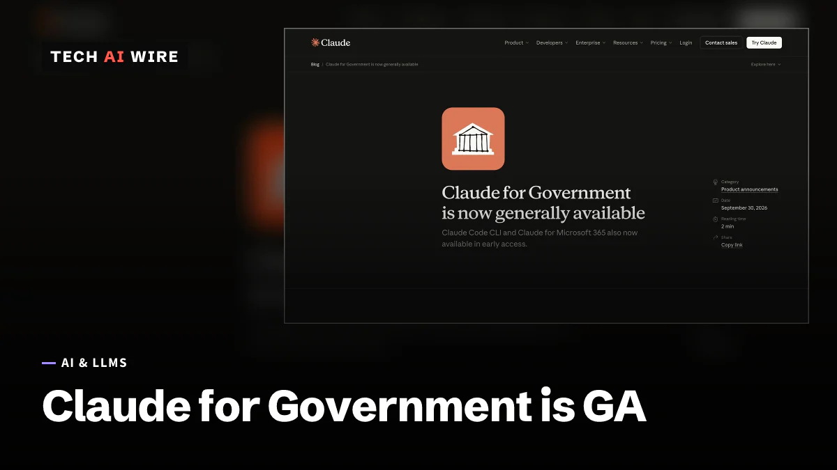 Screenshot of Anthropic's blog post 'Claude for Government is now generally available', with an orange icon of a government building.