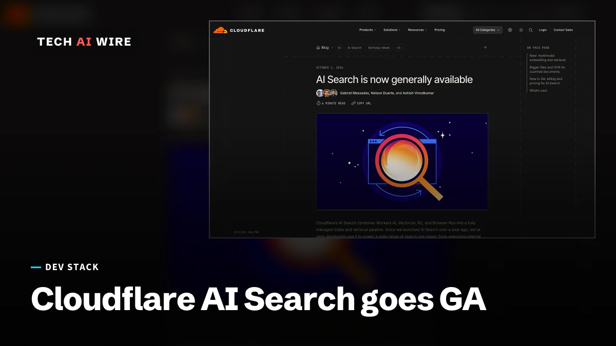 Screenshot of the Cloudflare Blog post 'AI Search is now generally available', with its illustration of a magnifying glass over a browser window.