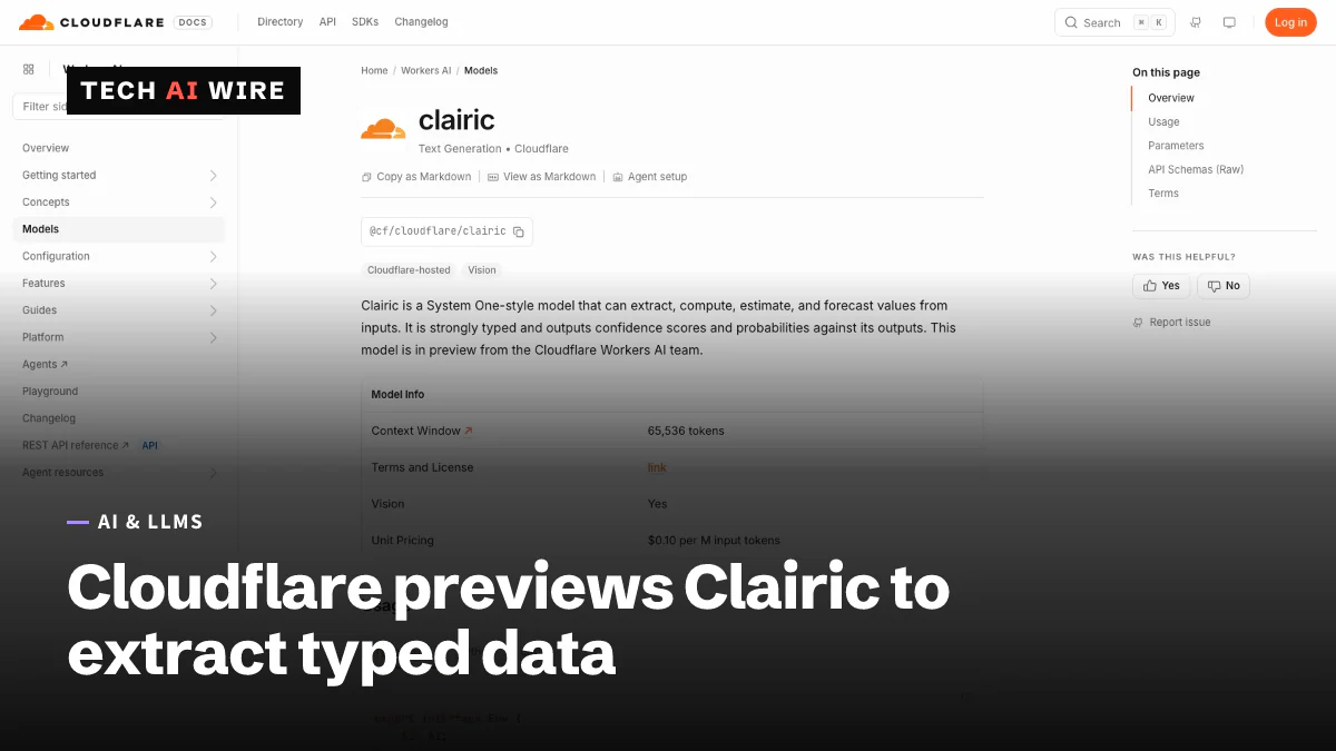 Cloudflare's Workers AI documentation page for the clairic model, showing its model ID, a short description and a model info table with context window and pricing.