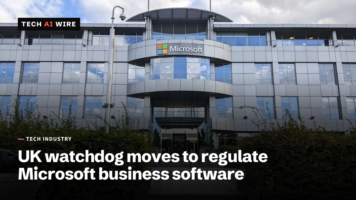 Microsoft's UK head office at Thames Valley Park, a gray building with glass windows and the Microsoft logo above its curved entrance, behind green hedges.