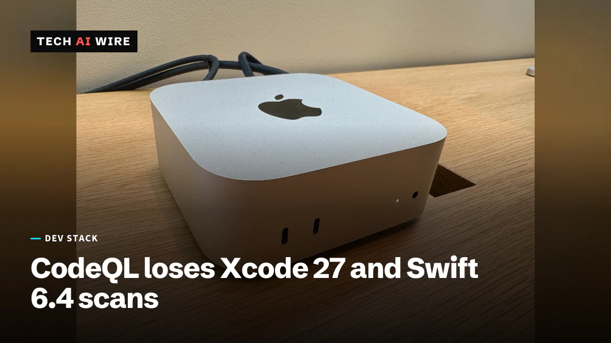 An M4 Mac mini, Apple's small silver desktop computer with the Apple logo on top, on a wooden desk with a dark cable behind it.
